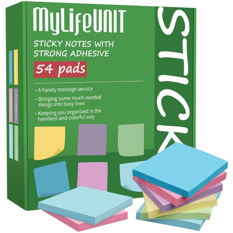 MyLifeUNIT Sticky Notes 3x3, Bulk Pack 54 Note Pads 5400 Sheets for Daily Reminder, Self-Stick Notes with 6 Assorted Colors - Image 1